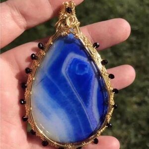 Blue and Gold Wire Wrapped Gemstone Pendant Onyx Black Spinel Gold Plated